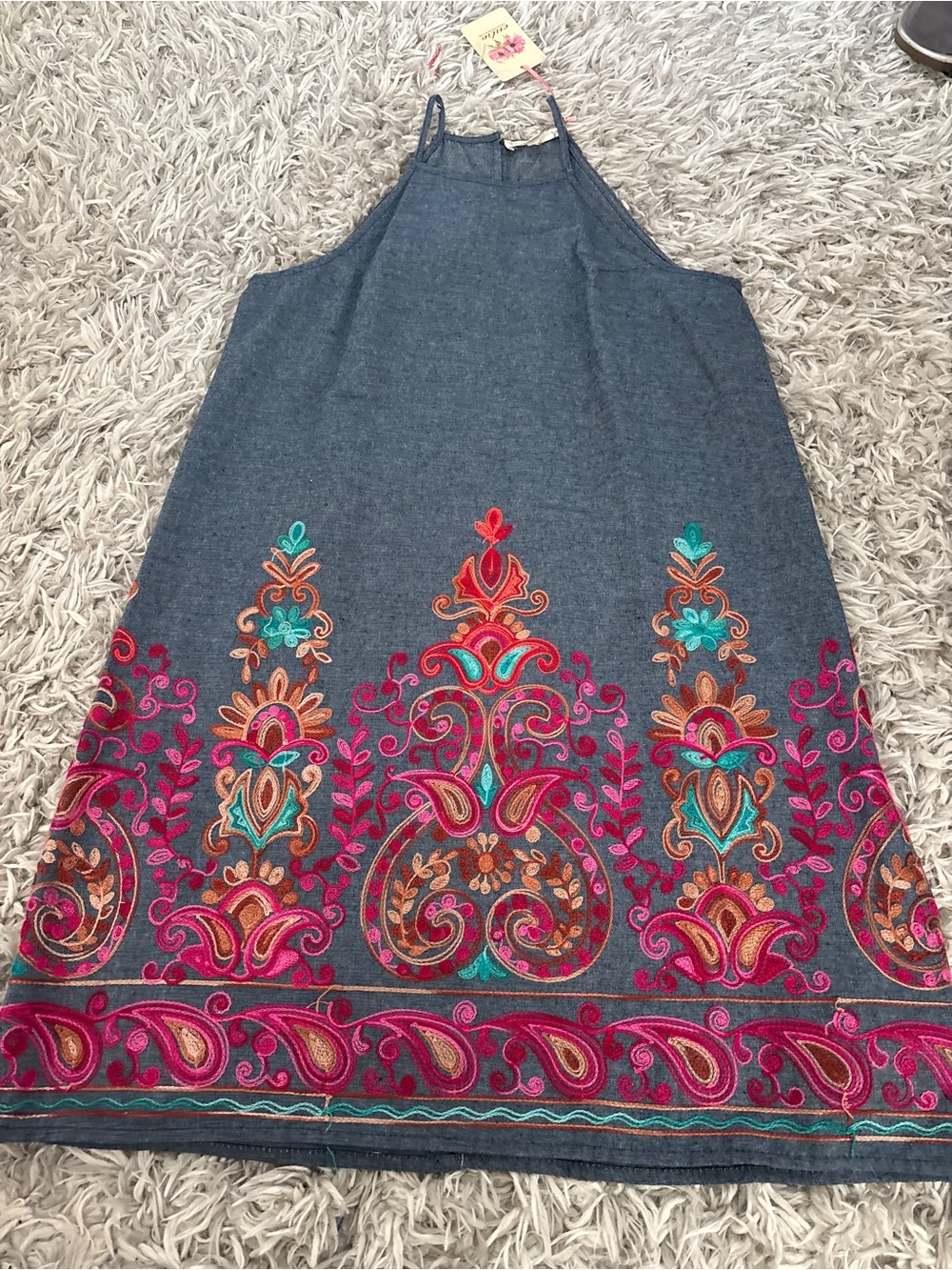 NWT Entro Embroidered Chambray Halter Dress Boho Festival Blue Pink Small D9568